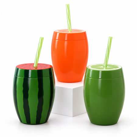 Casă, grădină si exterior - Pahar apa cu capac forma de fructe si pai duoguo 11*14cm