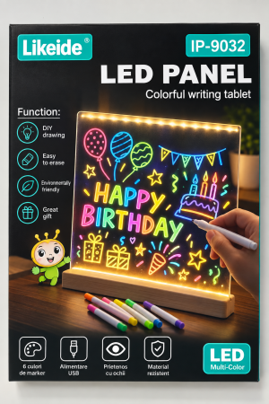 Jocuri educative și puzzle - Panou LED Acrilic pentru Desen și Mesaje cu Iluminare RGB, Alimentare USB, 7 Markere Incluse, Likeide IP-9032