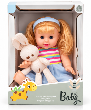Păpuși și jocuri de rol - Păpușă Baby cu iepuraș de pluș, păr blond și rochiță, 3+ ani