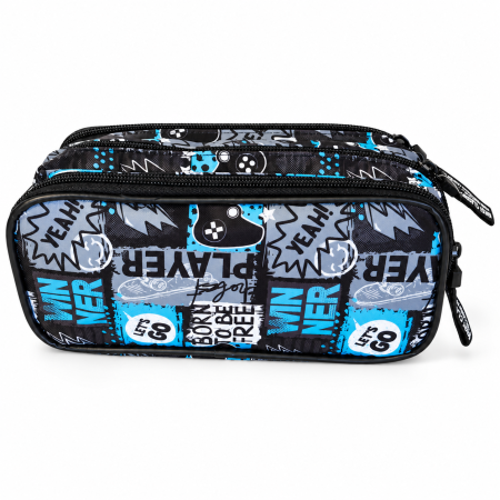 Penare și organizare școlară - Penar școlar textil cu 3 compartimente și fermoare – Model Space / Gamer / Galaxy