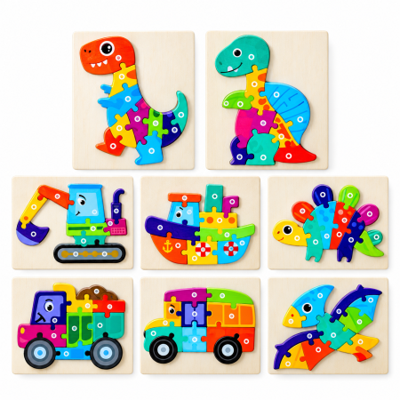 Jocuri educative și puzzle - Puzzle 3D din lemn cu figurine și vehicule, modele asortate