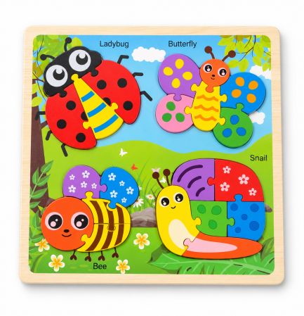 Jocuri educative și puzzle - Puzzle din lemn cu buburuză fluture albină și melc