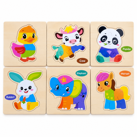 Jocuri educative și puzzle - Puzzle din lemn cu animale pentru copii, 15 x 15 cm