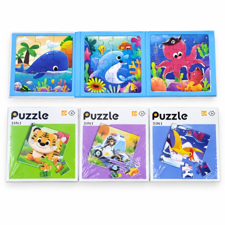 Jocuri educative și puzzle - Puzzle din lemn cu ilustrații colorate, 12 x 12 cm