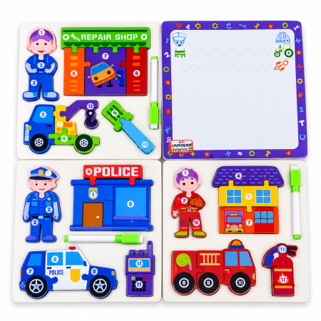 Jocuri educative și puzzle - Puzzle din lemn cu polițist și vehicule, 22,5 x 22,5 cm