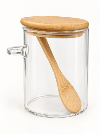 Casă, grădină si exterior - Recipient transparent de 550 ml cu mâner, capac și linguriță din bambus