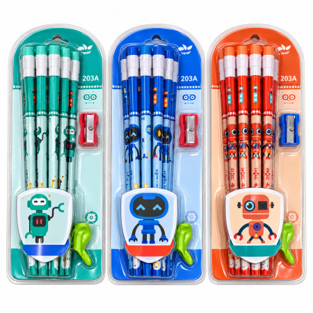 Birotica/Papetarie - Set 12 creioane model roboti,ascutitoare si radiera duoguo