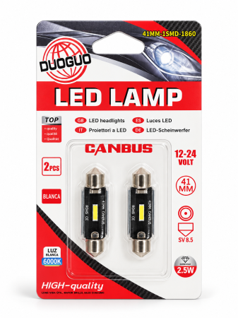 Accesorii și iluminat auto - Set 2 becuri auto LED DUOGUO CANBUS SV8.5, 41 mm, 12–24 V, 2,5 W, 6000 K
