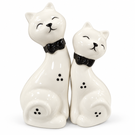 Decorațiuni - Set 2 figurine decorative pisici din ceramică albă, cu fundițe negre