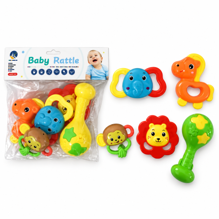 Jucării interactive și pentru bebeluși - Set 5 jucării zornăitoare și inele de dentiție pentru bebeluși