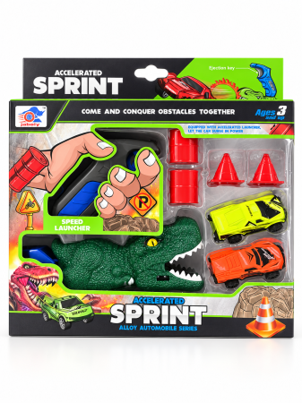 Mașinuțe și vehicule - Set Accelerated Sprint cu dinozaur verde lansator și două mașinuțe