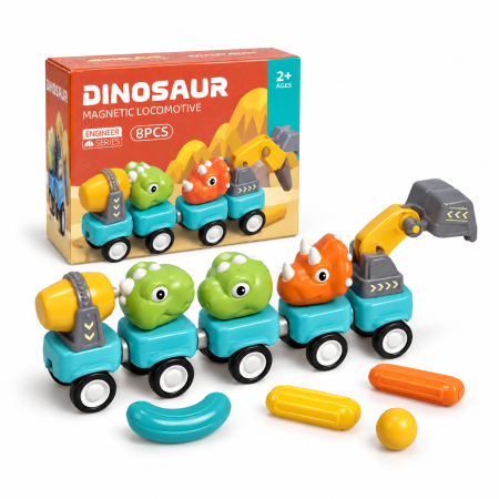 Seturi de construcție - Set de construcție magnetic cu vehicule și dinozauri