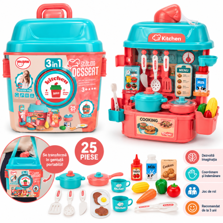 Toate produsele - Set de joacă Bucătărie 3 în 1 cu accesorii, 25 piese, transformabil în gentuță, 3+ ani