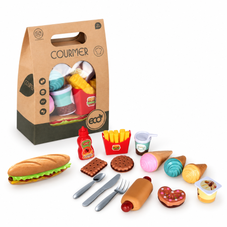 Păpuși și jocuri de rol - Set de joacă cu alimente tip hamburger, 15 piese, în cutie cu mâner
