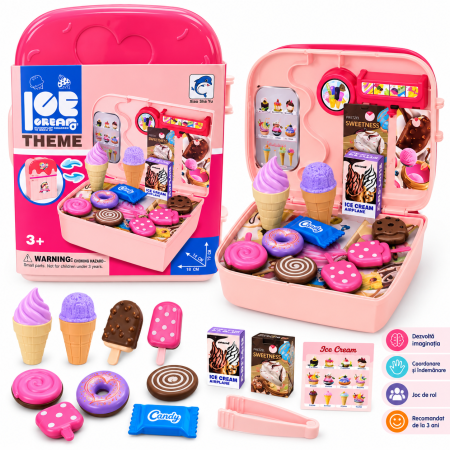 Toate produsele - Set de joacă Înghețată 3+ ani, tip valiză, accesorii desert – Ice Cream Theme, roz