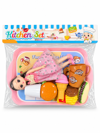 Păpuși și jocuri de rol - Kitchen Set cu păpușă și accesorii pentru servirea mesei