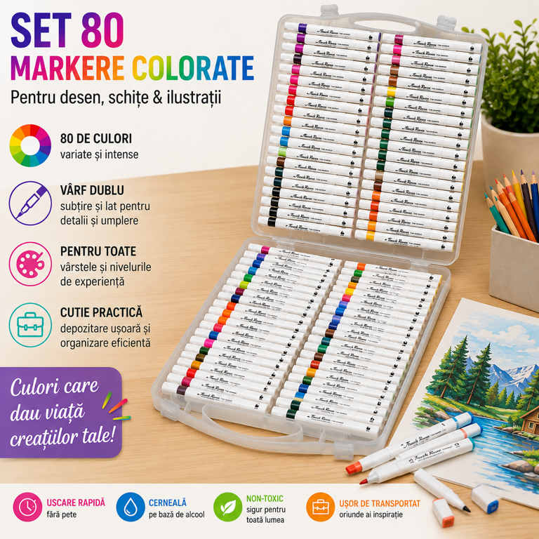 Set Markere 80 Culori cu Vârf Dublu, Markere Colorate pentru Desen, Schițe, Ilustrații și Caligrafie, Cutie de Depozitare Inclusă [1]
