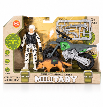 Figurine și surprize - Set militar cu soldat alb motocicletă verde și figurină animal