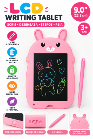 Jocuri educative și puzzle - Tabletă LCD de scris pentru copii 9 inch, model animăluț, cu stilou – diverse culori