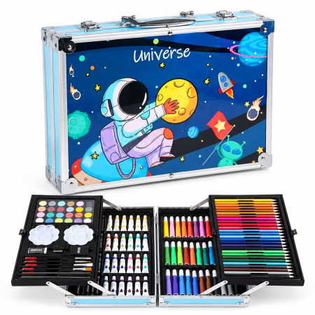 Desen și pictură - Trusă de colorat cu 145 de piese, valiză albastră cu astronaut