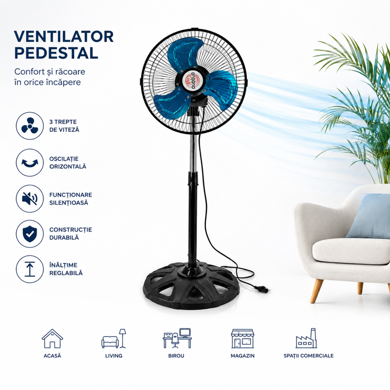 Ventilator Electric cu Picior Reglabil, 3 Trepte de Viteză, Oscilație Orizontală, Funcționare Silențioasă [3]