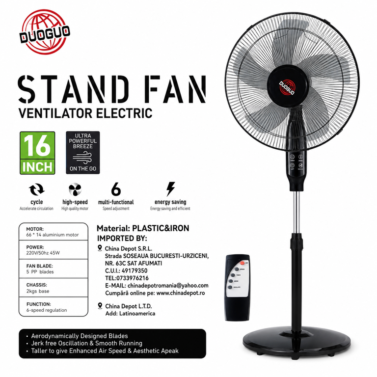 Ventilator Electric cu Picior și Telecomandă DUOGUO FS40B-P, 16 Inch, 6 Trepte de Viteză, Timer și Oscilare, Design Reglabil pentru Casă și Birou [3]