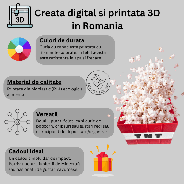 Cutie/bol decorativ TNT Minecraft pentru popcorn sau chipsuri, cu capac [2]