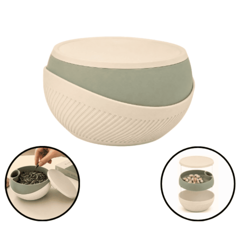 Home & Deco - Bol 3 in 1, pentru fistic, seminte si nuci, cu capac si compartiment ascuns pentru coji, design modern verde salvie, crem, sistem twist open, 127mmx65mm