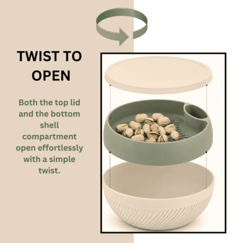 Bol 3 in 1, pentru fistic, seminte si nuci, cu capac si compartiment ascuns pentru coji, design modern verde salvie, crem, sistem twist open, 127mmx65mm [4]