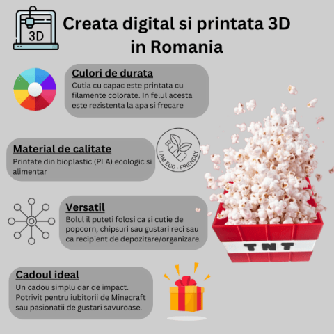 Cutie/bol decorativ TNT Minecraft personalizabil, pentru popcorn sau chipsuri, cu capac [1]