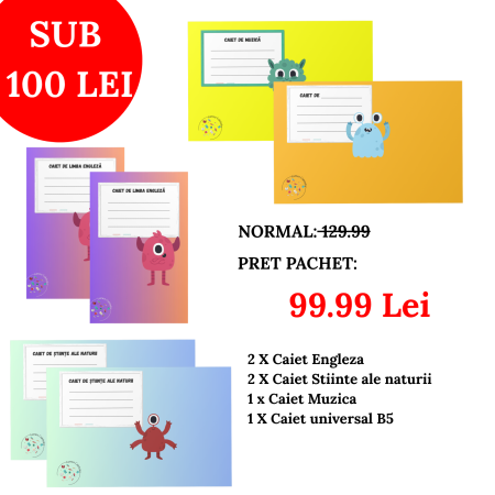 Pachete caiete - Pachetul „Micul explorator” cu 6 caiete scolare pentru clasele 1-4: engleza, stiinte ale naturii si universal B5 si muzica