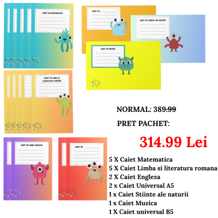 Pachete caiete - Pachetul Supereroul Cunoasterii cu 16 caiete scolare pentru clasele 1-4: matematica, romana, engleza, stiinte ale naturii, muzica si universal