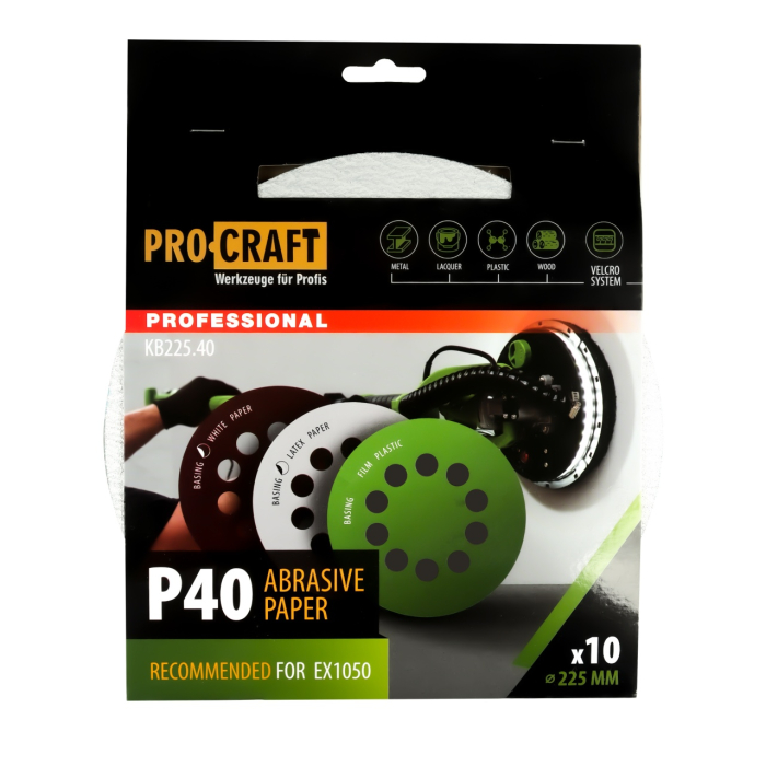 Disc abraziv pentru slefuitor cu excentric KB225.40 PROCRAFT (Set 10 buc) Diametru: 225 mm Granulatie: P40 [1]