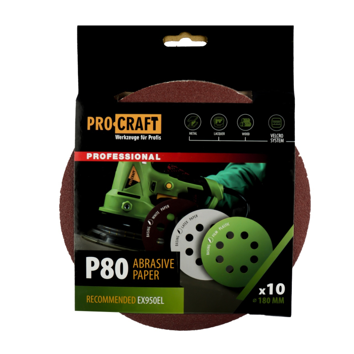 Disc abraziv pentru slefuitor cu excentric KD180.80 PROCRAFT (Set 10 buc) Diametru: 180 mm Granulatie: P80 [1]