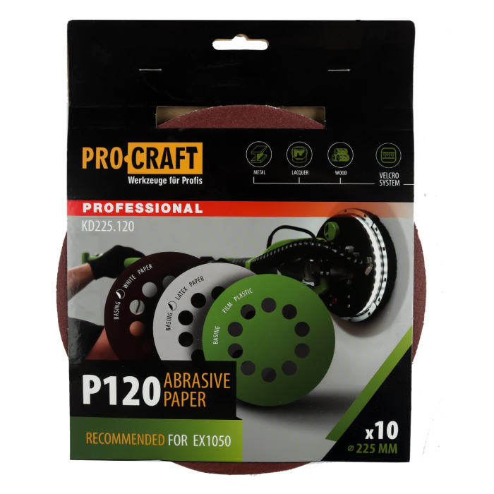 Disc abraziv pentru slefuitor cu excentric KD225.120 PROCRAFT (Set 10 buc)Diametru: 225 mm Granulatie: P120 [1]