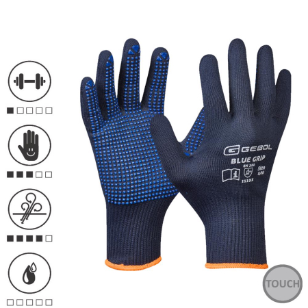 Manusi profesionale - Gebol 709428_09, Manusi de protectie Blue Grip, din nylon, poliacrilic si bumbac, acoperire cu puncte din PVC, uz profesional, marimea 9/L