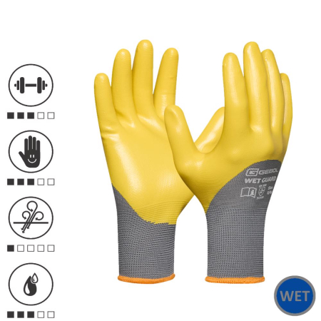 Manusi profesionale - Gebol EP729514_09, Manusi de protectie Wet Guard Yellow, din poliester, acoperire cu spuma de nitril, rezistente la ulei si apa, uz profesional, marimea 9/L