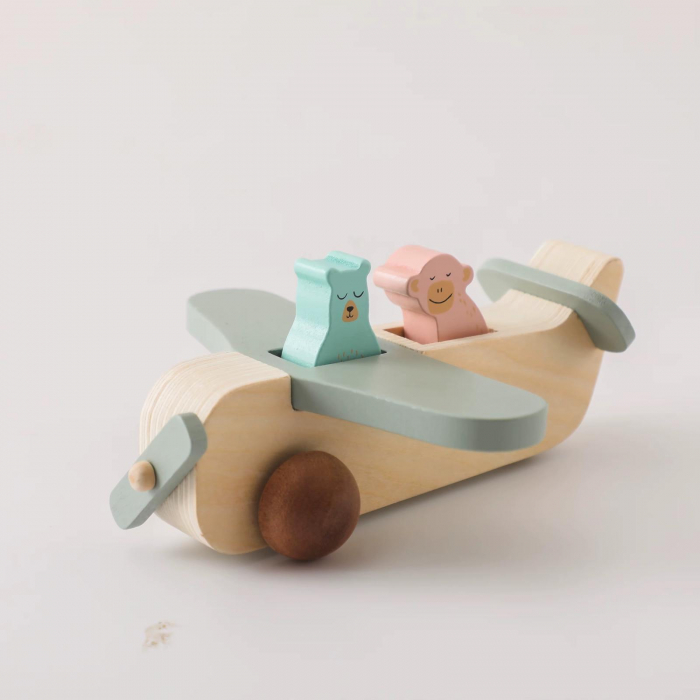Avion din lemn cu ursuleț și maimuțică – Jucărie de imaginație și motricitate fină [2]