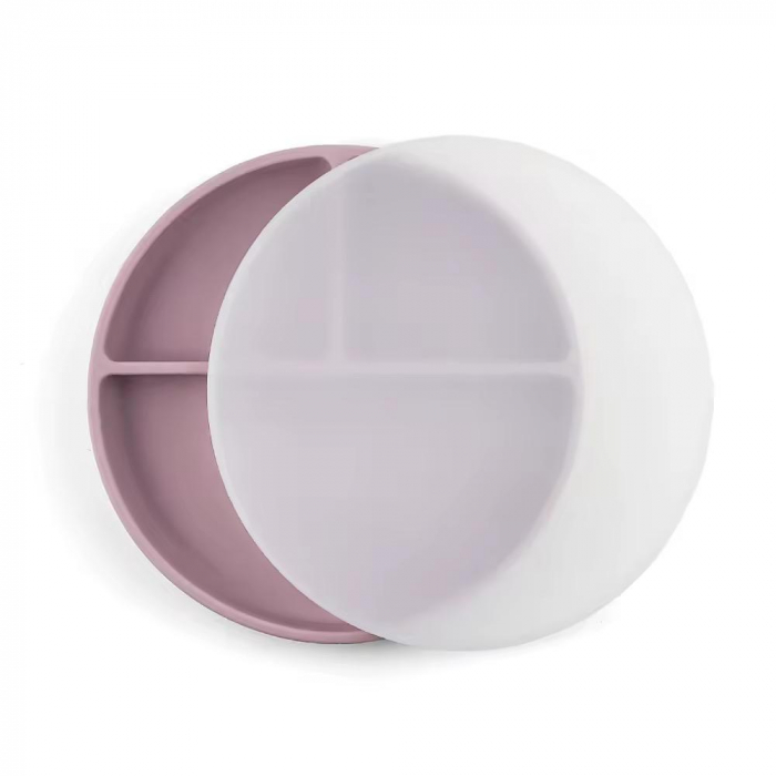 Farfurie compartimentată cu capac – silicon alimentar , cu ventuză | Roz [1]
