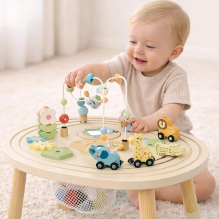 Masă de Activități din Lemn pentru Copii – Centru de joacă Montessori cu Trasee, Animale și Activități Interactive [4]