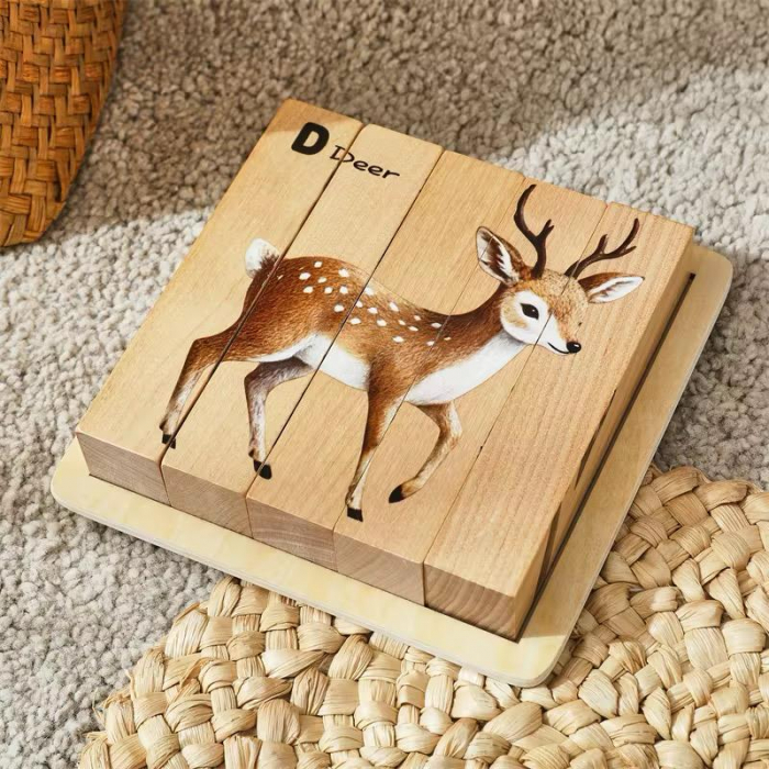 Puzzle Cuburi din Lemn cu Animale – 4 în 1 Educațional Montessori (Vulpe, Bufniță,  Iepure, Căprioară) pentru Copii [1]