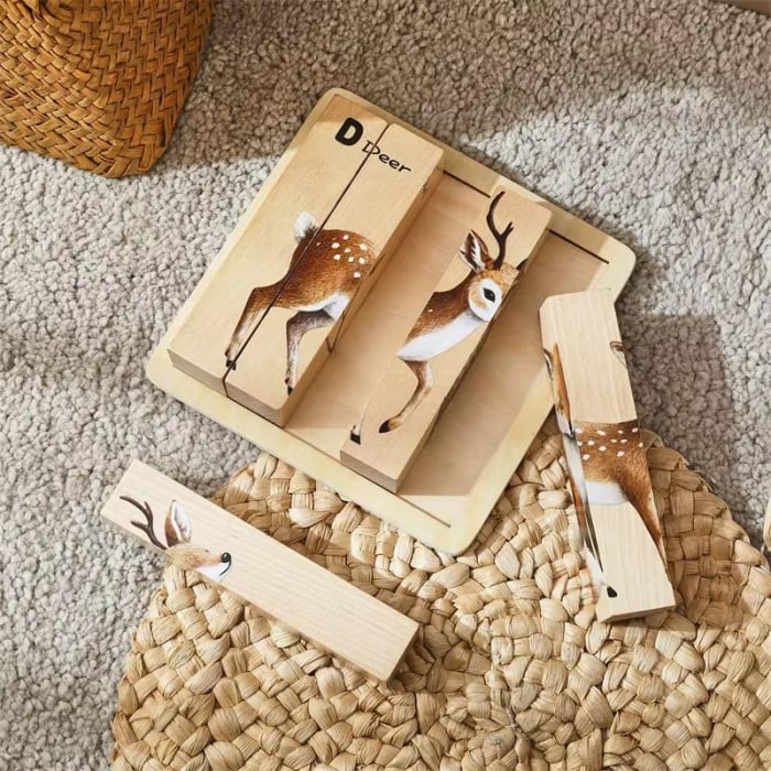 Puzzle Cuburi din Lemn cu Animale – 4 în 1 Educațional Montessori (Vulpe, Bufniță,  Iepure, Căprioară) pentru Copii [2]