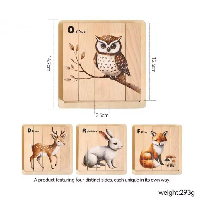 Puzzle Cuburi din Lemn cu Animale – 4 în 1 Educațional Montessori (Vulpe, Bufniță,  Iepure, Căprioară) pentru Copii [6]