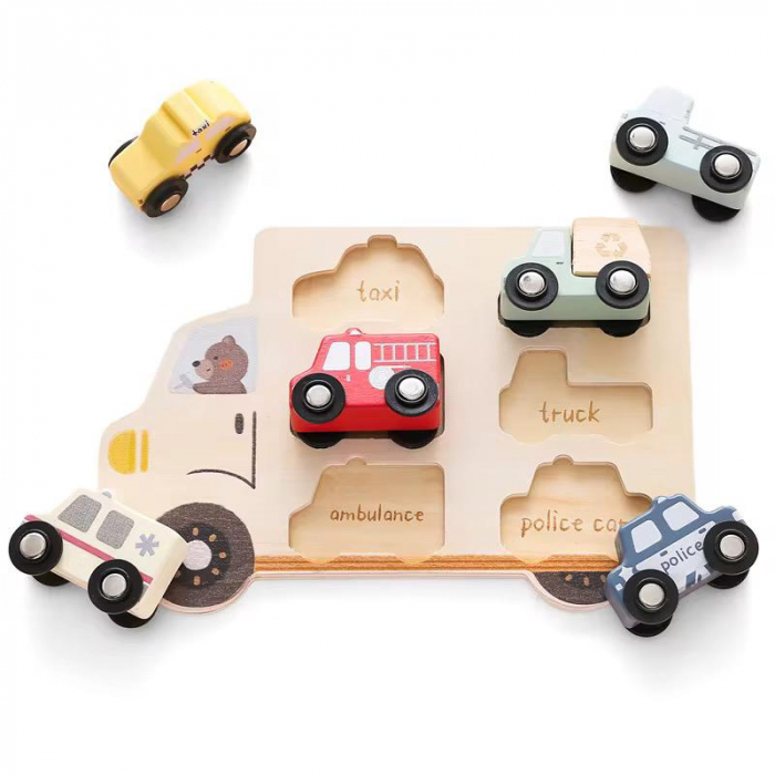 Puzzle Montessori din lemn – Set educativ cu 6 vehicule colorate [1]