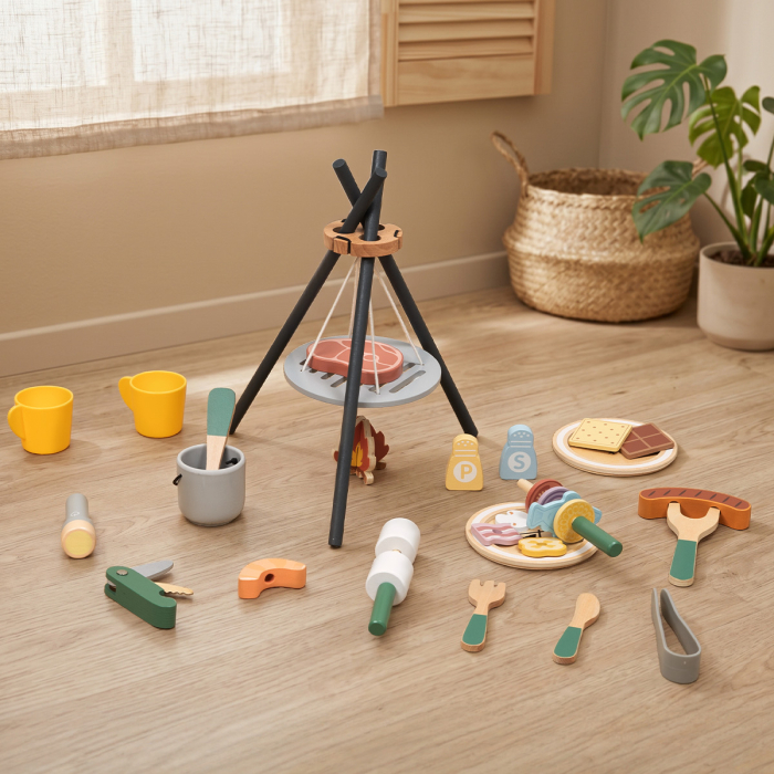 Set de camping și grătar din lemn pentru copii – joc de rol cu foc de tabără, alimente și accesorii [4]