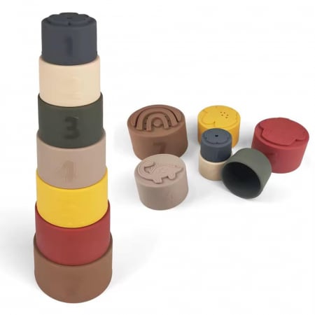 Toate produsele - Set turn pentru stivuire din silicon Retro– 7 piese cu animale, forme și numere