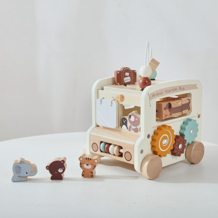 1-2 ani - Autobuz Turistic cu Animale – Jucărie Educațională din Lemn 6-în-1