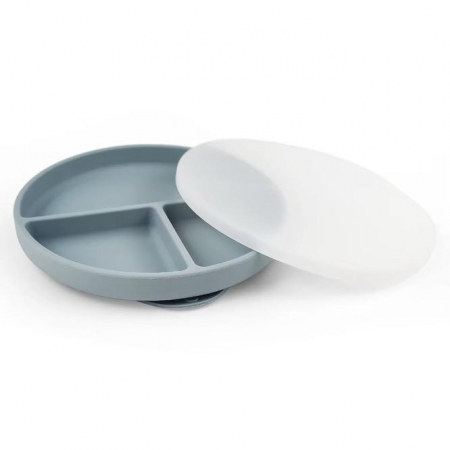 Farfurie compartimentată cu capac – silicon alimentar , cu ventuză | Albastru