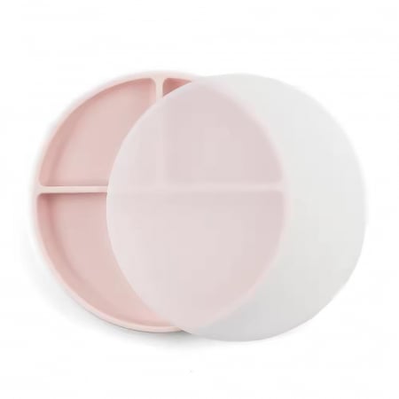 Toate produsele - Farfurie compartimentată cu capac – silicon alimentar , cu ventuză | Roz pudra