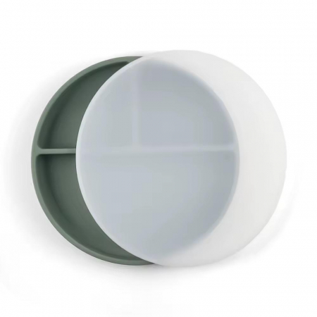 Farfurie compartimentată cu capac – silicon alimentar , cu ventuză | Verde
